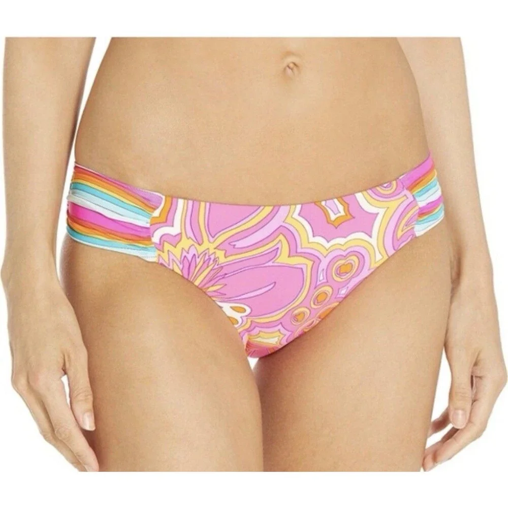 Trina Turk Bikini Swimsuit Bottom 8 M Hawaiian Garden Tab-Side Hipster PinkNWT